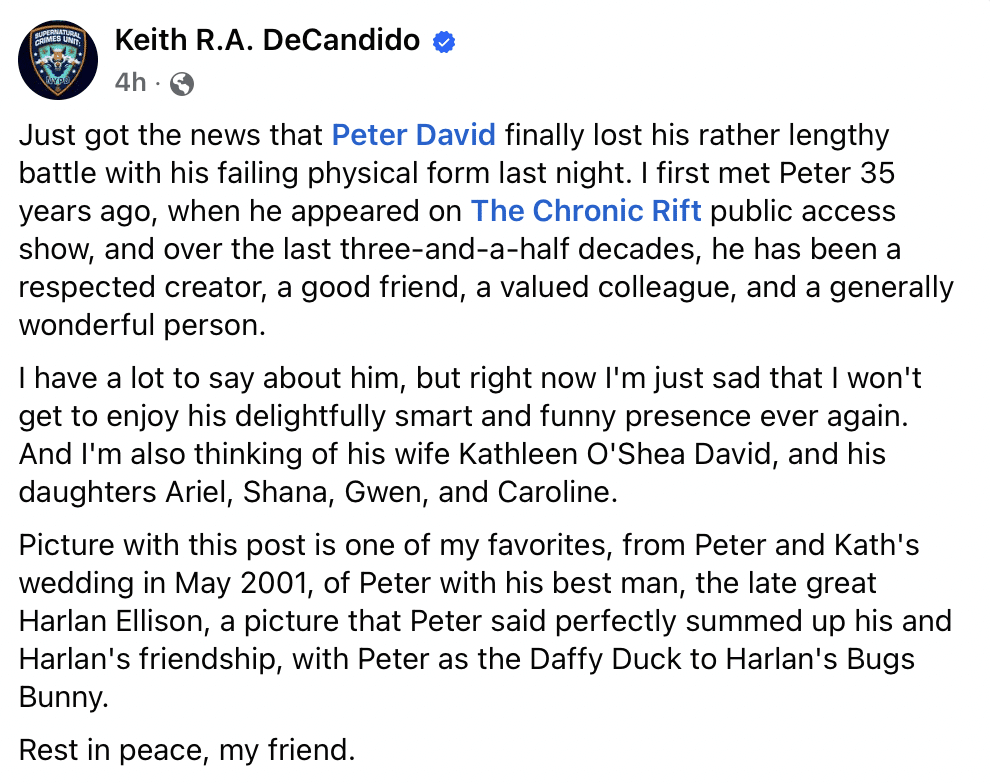 Keith DeCandido's Facebook post on Peter David's death